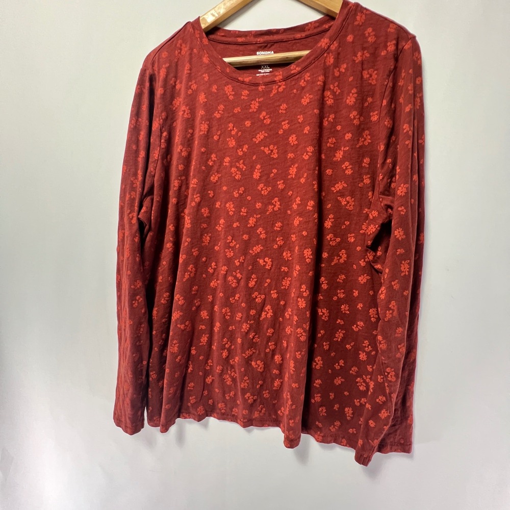 Sonoma The Everyday Tee Womens XXL Burgundy Red Floral Slub Knit Long Sleeve